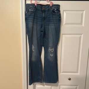 Maurices Blue Flare Wide Leg Jeans with Distressed Details